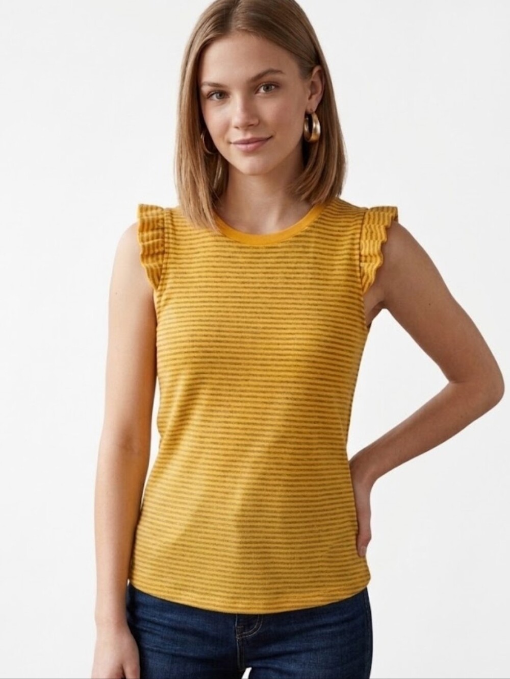 Jessica Simpson Mustard Yellow Striped Ruffle Sleeve Tank